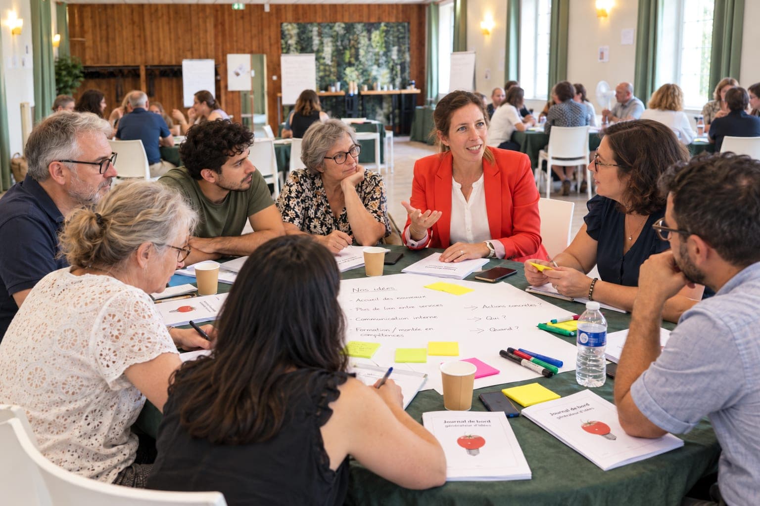 Élise Delaunay échange avec des managers autour d’une table de travail